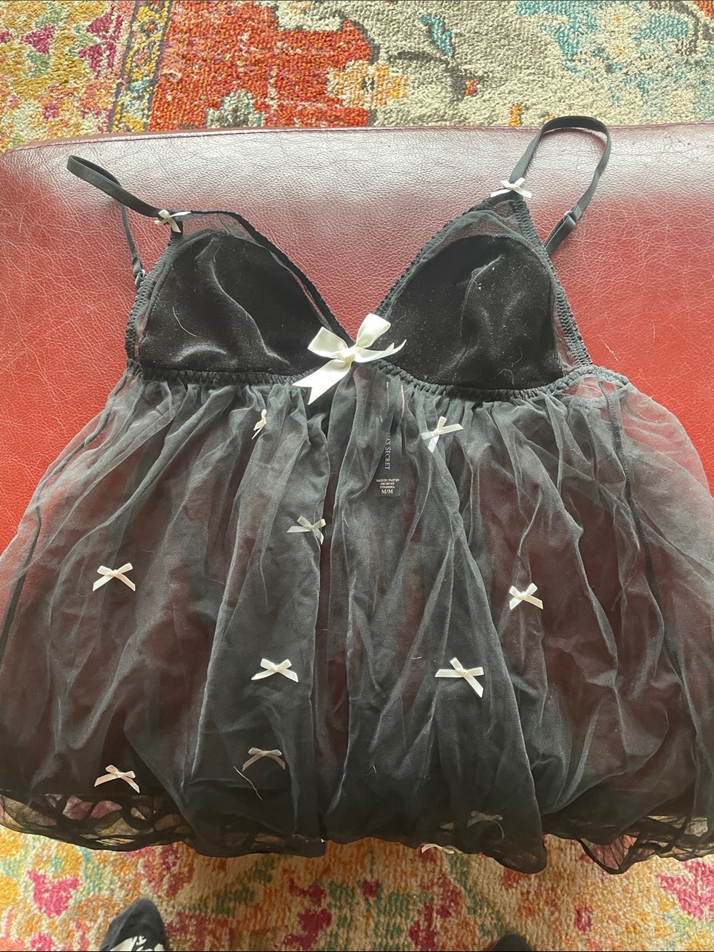 VICTORIA SECRETS Black Sheer Babydoll Nightdress with White Bows, Size M
